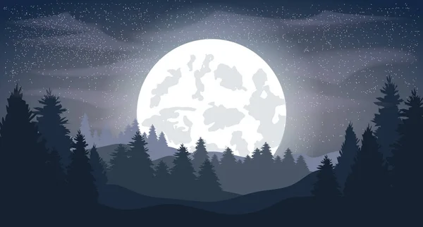Векторный Ночной Пейзаж Звезды Луна Панорама Мрачный Лес — стоковый вектор