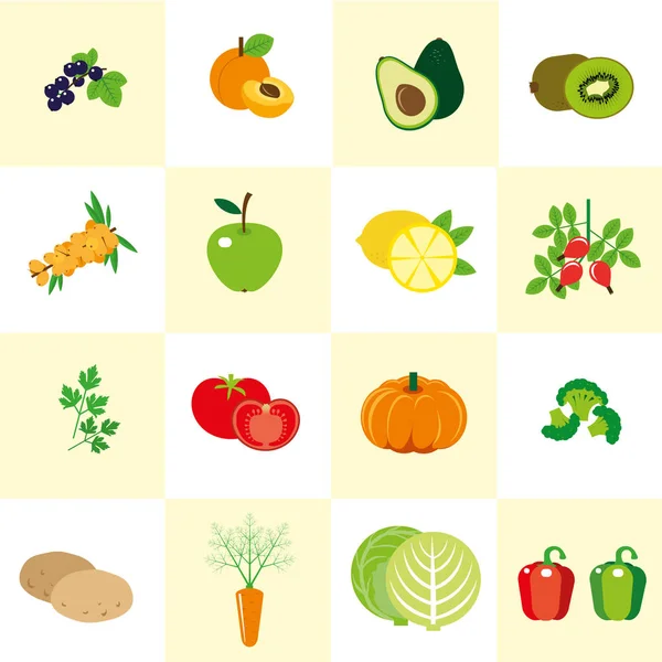 Set van kleurenafbeeldingen van groenten en fruit in een vlakke stijl. Set van pictogrammen. Het kan worden gebruikt voor het menu. — Stockvector