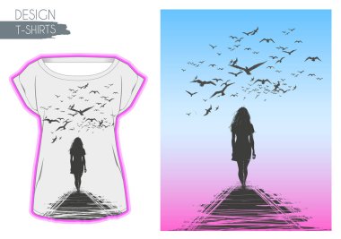 Yalnız bir kadın uzaklaşır, boyundan büyük çember kuşlar. T-shirt tasarım