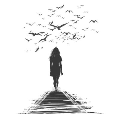 A lone woman walks away, the birds circling over her head clipart