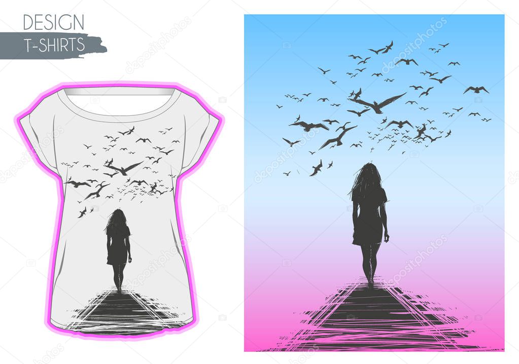 A lone woman walks away, the birds circling over her head. T-shirt design