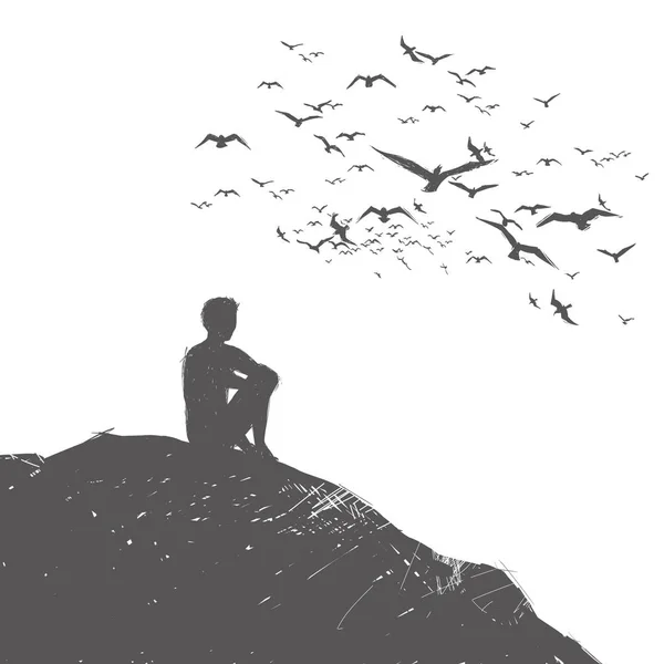 Μοναχικός άντρας κάθεται σε ένα λόφο και σκέψης. Γύρω από τα πουλιά πετούν — Διανυσματικό Αρχείο