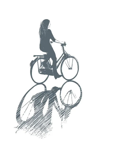 Caminar en la bicicleta. Mujer en bicicleta, boceto — Vector de stock