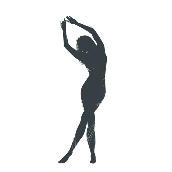Menina solitária dança com os braços levantados. Esboço — Vetor de Stock