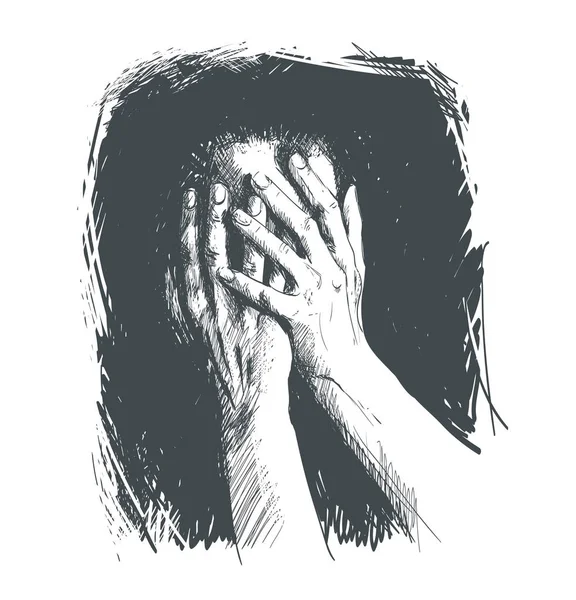 Hand-covered face of a person suffering from grief. — Stock Vector