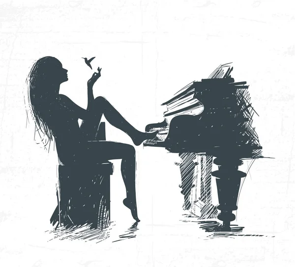 Girl distracted from the piano and looks at the hummingbird. — Stock Vector