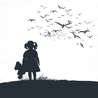 little girl is holding a bear in her hand and looking into the distance. A bird flock overhead clipart
