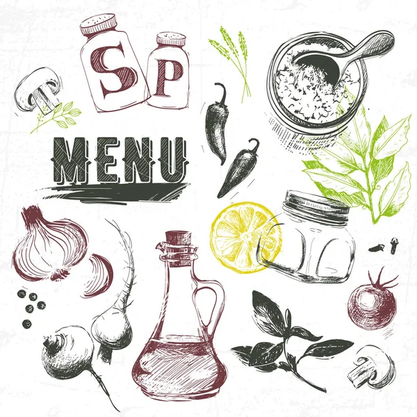 Ρετρό στυλ vintage σχεδιασμό τροφίμων. Χέρι στοιχεία για το μαγείρεμα, λαχανικά, εστιατόριο και χορτοφαγικά τρόφιμα. — Διανυσματικό Αρχείο