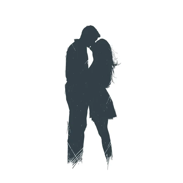 Muž a žena s dlouhými vlasy stát a políbit. Silueta. Skica. Ručně vyráběné — Stockový vektor
