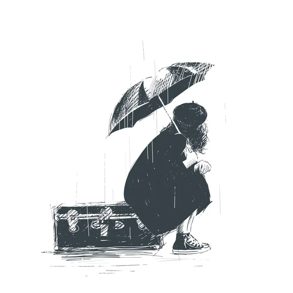 Lonely girl is sitting on the luggage with an umbrella in her hands during the rain. Sketch — Stock Vector