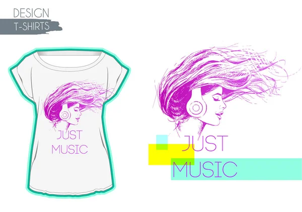 Όμορφη κοπέλα ακούει τη μουσική στα ακουστικά, ο άνεμος αναπτύσσει τα μαλλιά της... Σχέδιο μπλούζας — Διανυσματικό Αρχείο