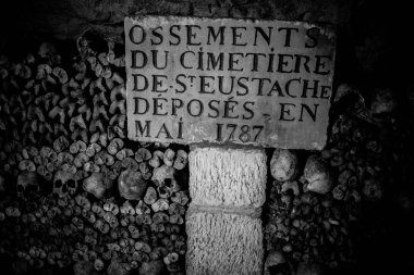 Paris Catacombs'ta kafatasları ve kemikler, Fransa.