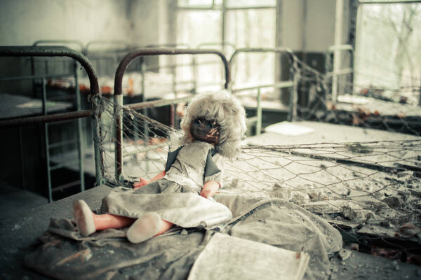 Abandoned kindergarden in Prypiat Chernobyl Exclusion Zone Toys, Dolls and Books left in building