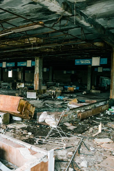 Abandoned Grocery Store Left Garbage Things Chernobyl Exclusion Zone Pripyat — Stock Photo, Image