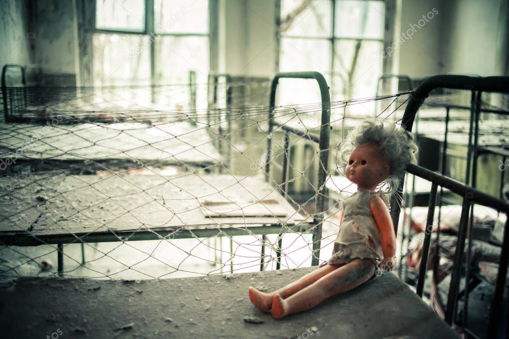 Abandoned kindergarden in Prypiat Chernobyl Exclusion Zone Toys, Dolls and Books left in building