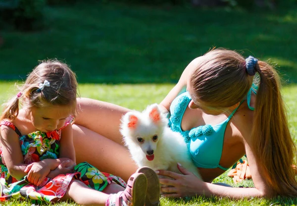 Menina em um maiô verde, pouco em vestido e cachorro branco Spitz. três deles jazem na grama jogar . — Fotografia de Stock
