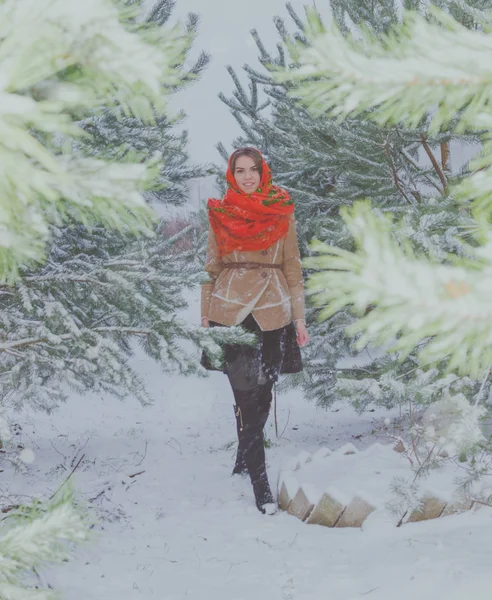 Beautiful girl in a scarf at the Christmas tree in the winter. — Stock Photo, Image