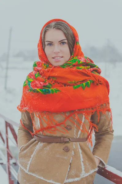 Beautiful girl in a scarf in the winter stands on the bridge. — Stock Photo, Image