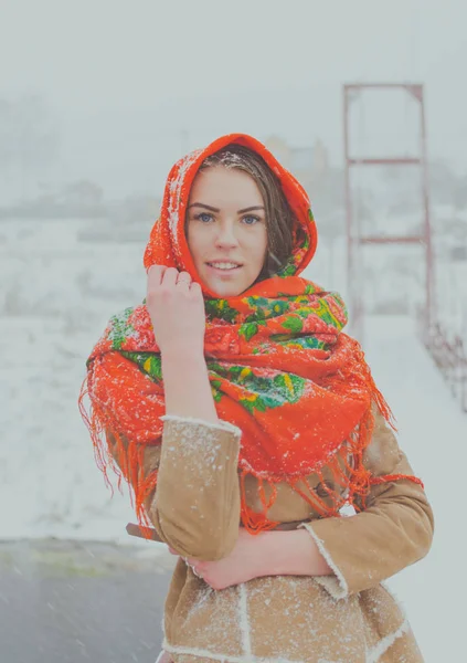 Beautiful girl in winter on Board the bridge. — Stock Photo, Image