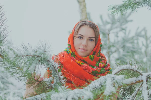 Winter in the forest girl with blue eyes. — Stock Photo, Image