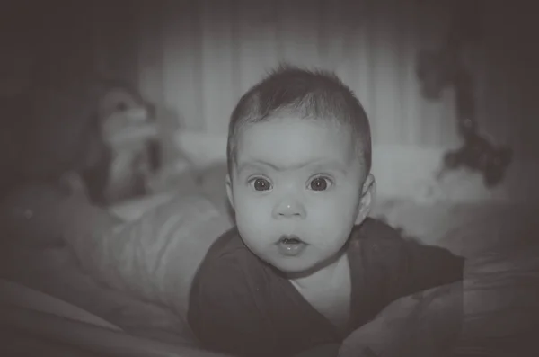 Noir et blanc très joli bébé se trouve dans le berceau en regardant la caméra — Photo
