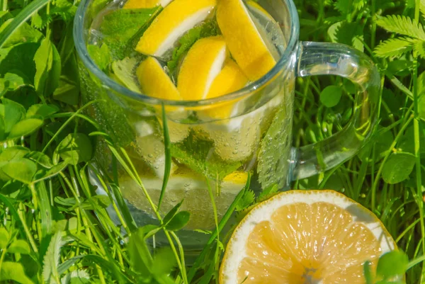 Close-up na grama é a bebida de verão de limão e hortelã . — Fotografia de Stock