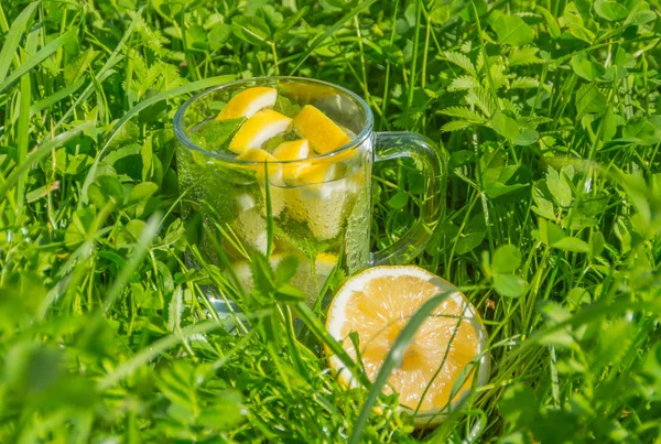 Bebida fresca de hortelã e limão em pé na grama . — Fotografia de Stock