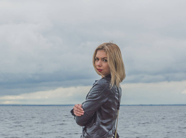 over sea background attractive girl