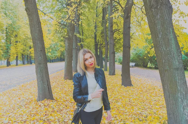 En el parque día de otoño caminando hermosa chica —  Fotos de Stock