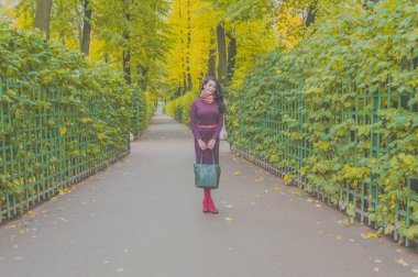 Park Sonbahar bir çanta ile bir kız yürüyor