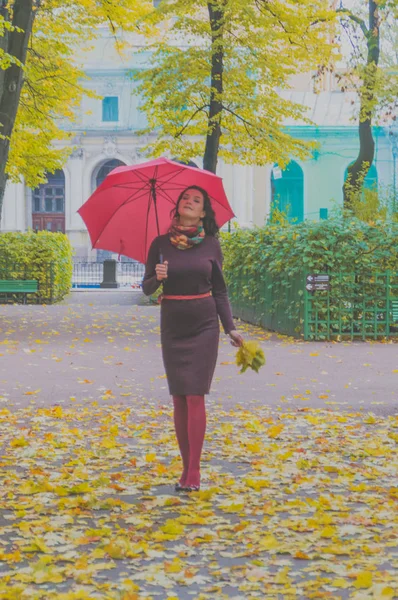 Jesienny dzień atrakcyjna dziewczyna z liści i parasolem w PA — Zdjęcie stockowe
