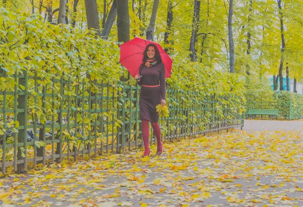 공원에서 우산을 가진 여자와가을에 나뭇잎 — 스톡 사진