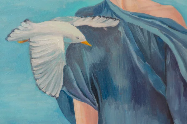 Festés az égen, a lány a madár sirály — Stock Fotó