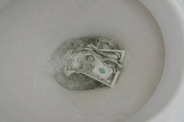 A thousand dollars of the bill washed into the toilet — Stock Photo, Image