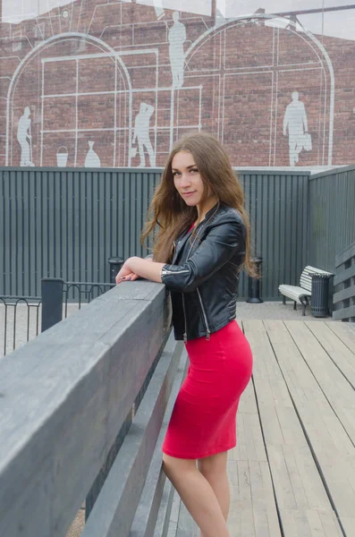 A menina no vestido e jaqueta na ponte — Fotografia de Stock