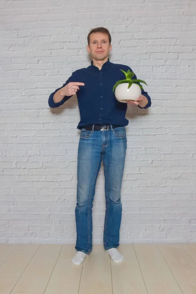 Man with a flower in a pot against a white brick wall expresses — Stockfoto