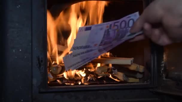 El dinero arde brillantemente en el horno — Vídeos de Stock