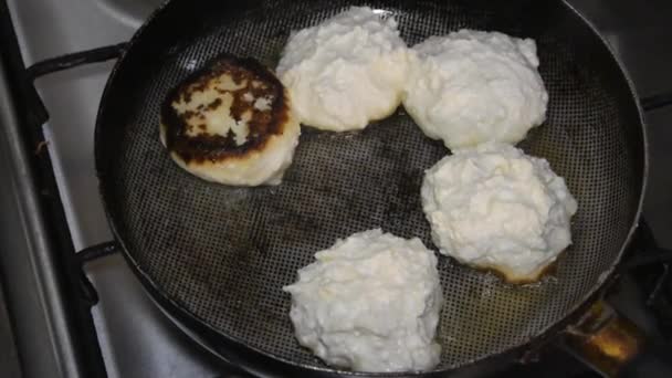 The fry the cheesecakes in oil in a pan — Stock Video