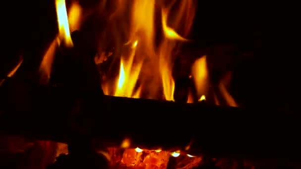 Oheň hoří v rustikální krbová kamna. Plamen ohřívá venkovského statku — Stock video