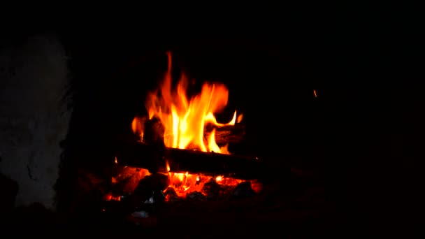 Le feu brûle dans un poêle à bois rustique. Flamme chauffe la ferme rurale — Video