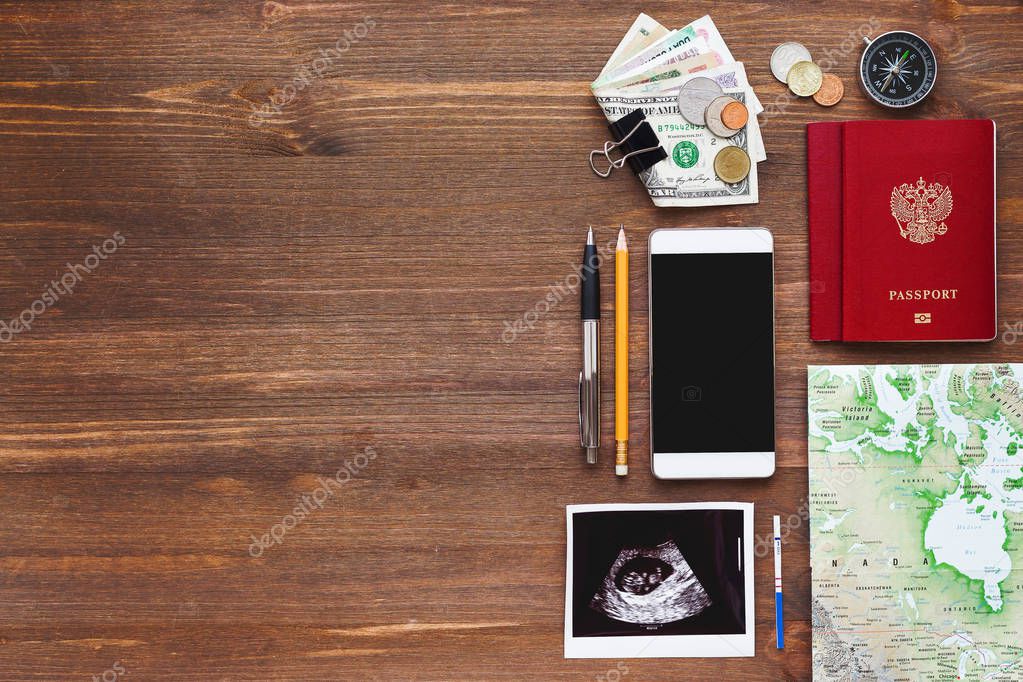 Travel While Being Pregnant Background Different Things You Need For Journey Smartphone Passport Map Money Ultrasound Photo Of Baby And Positive Pregnancy Test Place For Text Stock Photo Image By C