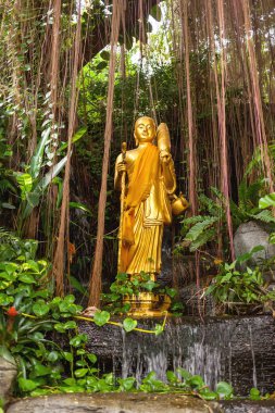 Altın heykel çalıların arasında. Altın Dağı (Wat Saket), Bangkok, Tayland.