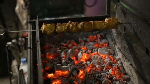 A barbecue skewer spinning on the grill. Fresh steaming meat BBQ. Street cart with grill. — Stock Video