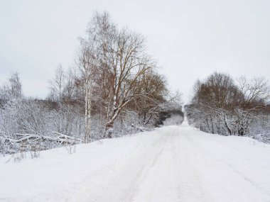 Yol karlı ormanı. Yolun araçlık bir traktör ile temizlenir. Kış aylarında Rusya.