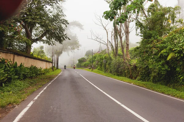 Heavy fog on the road, bad weather for driving motorbike. Road through misty evergreen jungle forest. Winter rainy season. Indonesia. — Stock Photo, Image