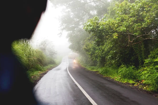 Heavy fog on the road, bad weather for driving motorbike. Road through misty evergreen jungle forest. Winter rainy season. Indonesia.