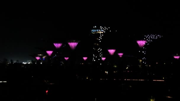 SINGAPORE, SINGAPORE - January 18, 2013. Night show in Marina Bay Gardens. Giant trees with illumination. — Stock Video