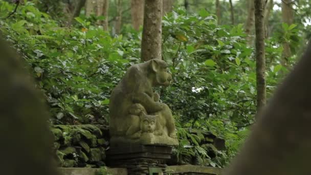 Staty av mytiska djur. Mossiga skulptur i Monkey forest. Ubud, Bali, Indonesien. — Stockvideo