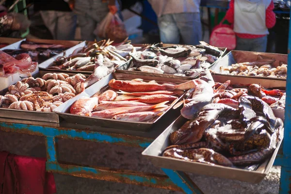 Kutuları dolu taze uskumru balık ve ahtapot yakaladı. Erken kış sabahı Marsaxlokk pazarında, Malta.