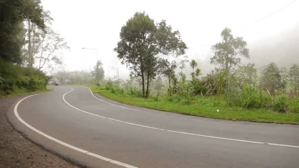 KINTAMANI, INDONESIA - 26 gennaio 2013. Nebbia pesante sulla strada brutto tempo per la guida di moto. Strada attraverso la nebbiosa foresta sempreverde giungla. Stagione delle piogge invernali. Indonesia . — Video Stock